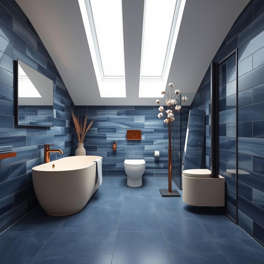 A 8 square meter bathroom featuring a pitched ceiling and skylights