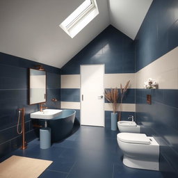 A 8 square meter bathroom featuring a pitched ceiling and skylights