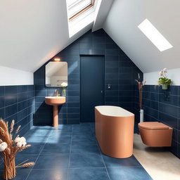 A 8 square meter bathroom featuring a pitched ceiling and skylights