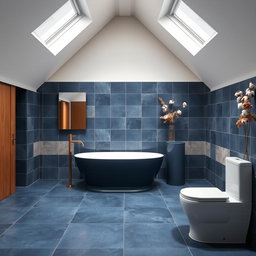 A 8 square meter bathroom featuring a pitched ceiling and skylights