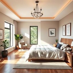 A modern and comfortable master bedroom blending simplicity and elegance