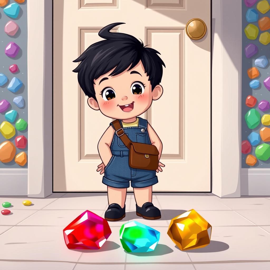 A cute cartoon scene featuring a 10-month-old baby boy with thick black hair wearing a short denim jumper