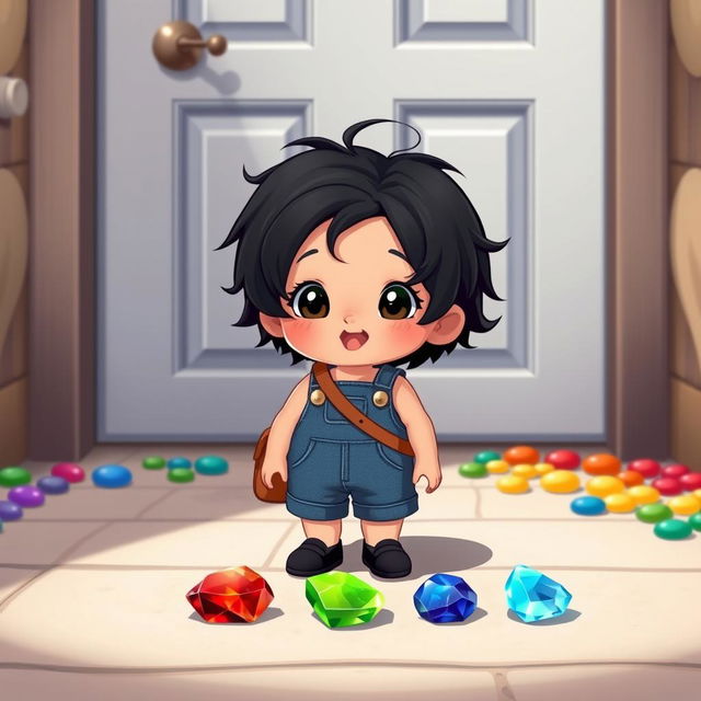 A cute cartoon scene featuring a 10-month-old baby boy with thick black hair wearing a short denim jumper