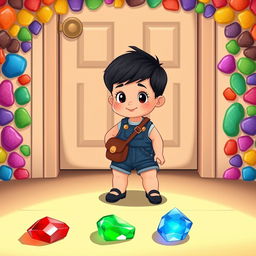 A cute cartoon scene featuring a 10-month-old baby boy with thick black hair wearing a short denim jumper