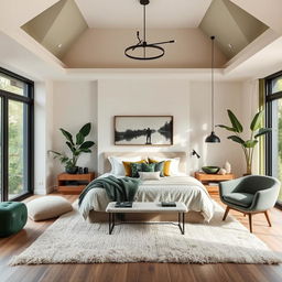 A master bedroom designed with natural materials and a color palette of off-white, dark green accents, and makeup tones