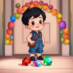 A cute cartoon scene featuring a 10-month-old baby boy with thick black hair wearing a short denim jumper