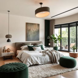 A master bedroom designed with natural materials and a color palette of off-white, dark green accents, and makeup tones