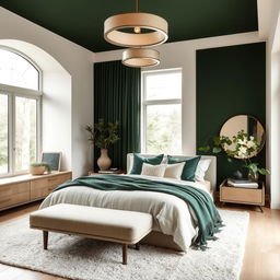 A master bedroom designed with natural materials and a color palette of off-white, dark green accents, and makeup tones