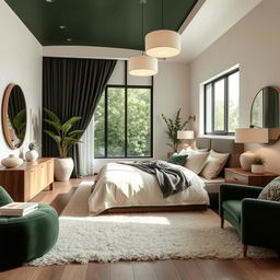 A master bedroom designed with natural materials and a color palette of off-white, dark green accents, and makeup tones