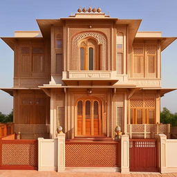 A 20 marla house designed in the traditional Indian style, featuring ornate detailing, verandas, vibrant colors, and intricate woodwork.