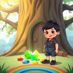 A charming cartoon scene featuring a 10-month-old baby boy with thick black hair, dressed in a short denim jumper, a brown leather bag, and black racy shoes