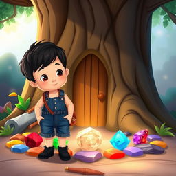 A charming cartoon scene featuring a 10-month-old baby boy with thick black hair, dressed in a short denim jumper, a brown leather bag, and black racy shoes