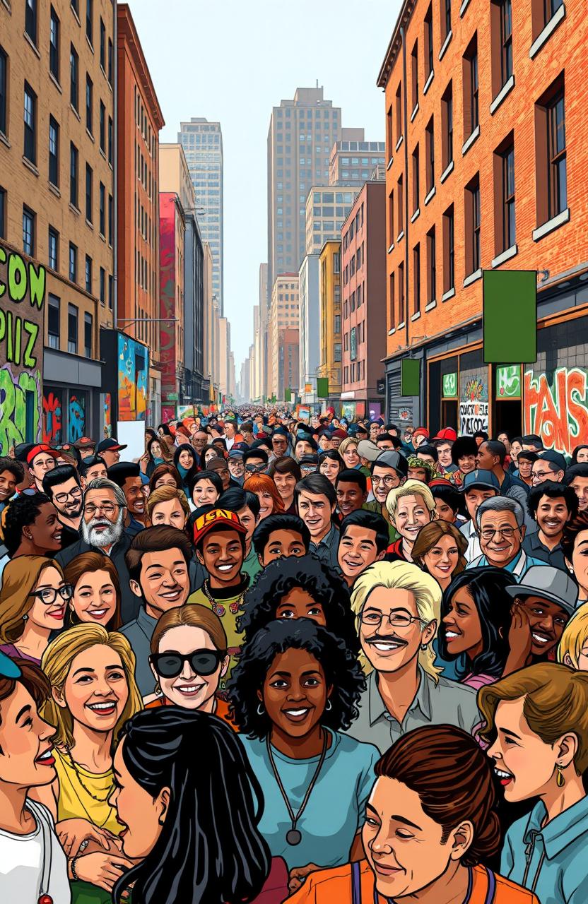 A vibrant and dynamic crowd scene featuring a diverse group of people from all walks of life, gathered together in an urban setting