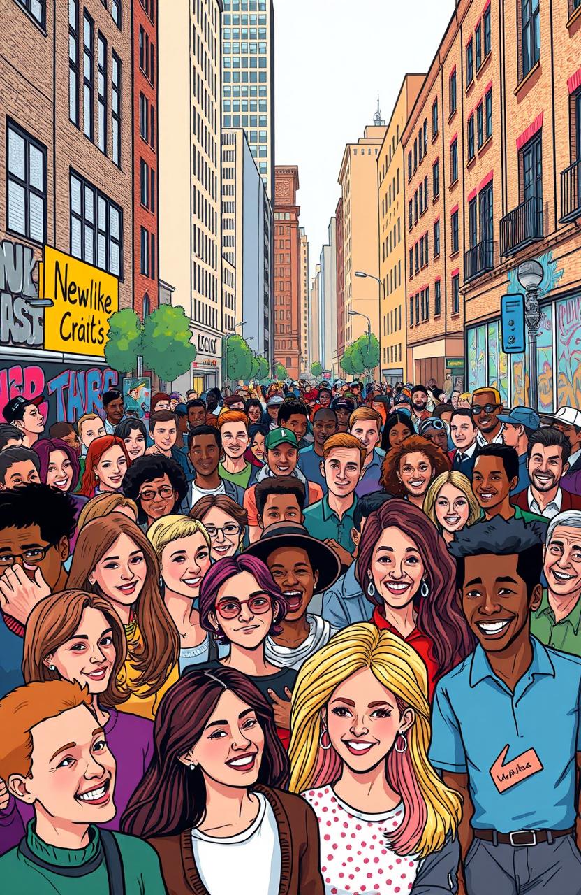 A vibrant and dynamic crowd scene featuring a diverse group of people from all walks of life, gathered together in an urban setting