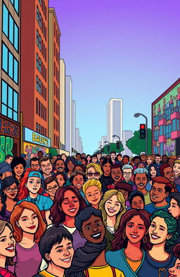 A vibrant and dynamic crowd scene featuring a diverse group of people from all walks of life, gathered together in an urban setting