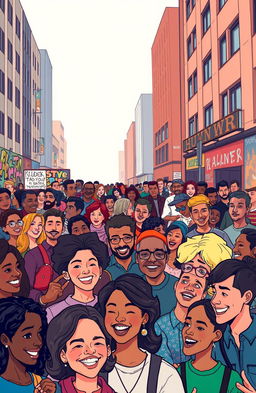 A vibrant and dynamic crowd scene featuring a diverse group of people from all walks of life, gathered together in an urban setting