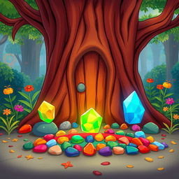 A whimsical cartoon scene in front of a large tree featuring a door in its trunk