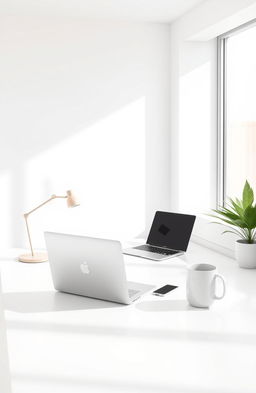 A striking visualization of digital minimalism, featuring a sleek, modern workspace with a clean, uncluttered desk setup