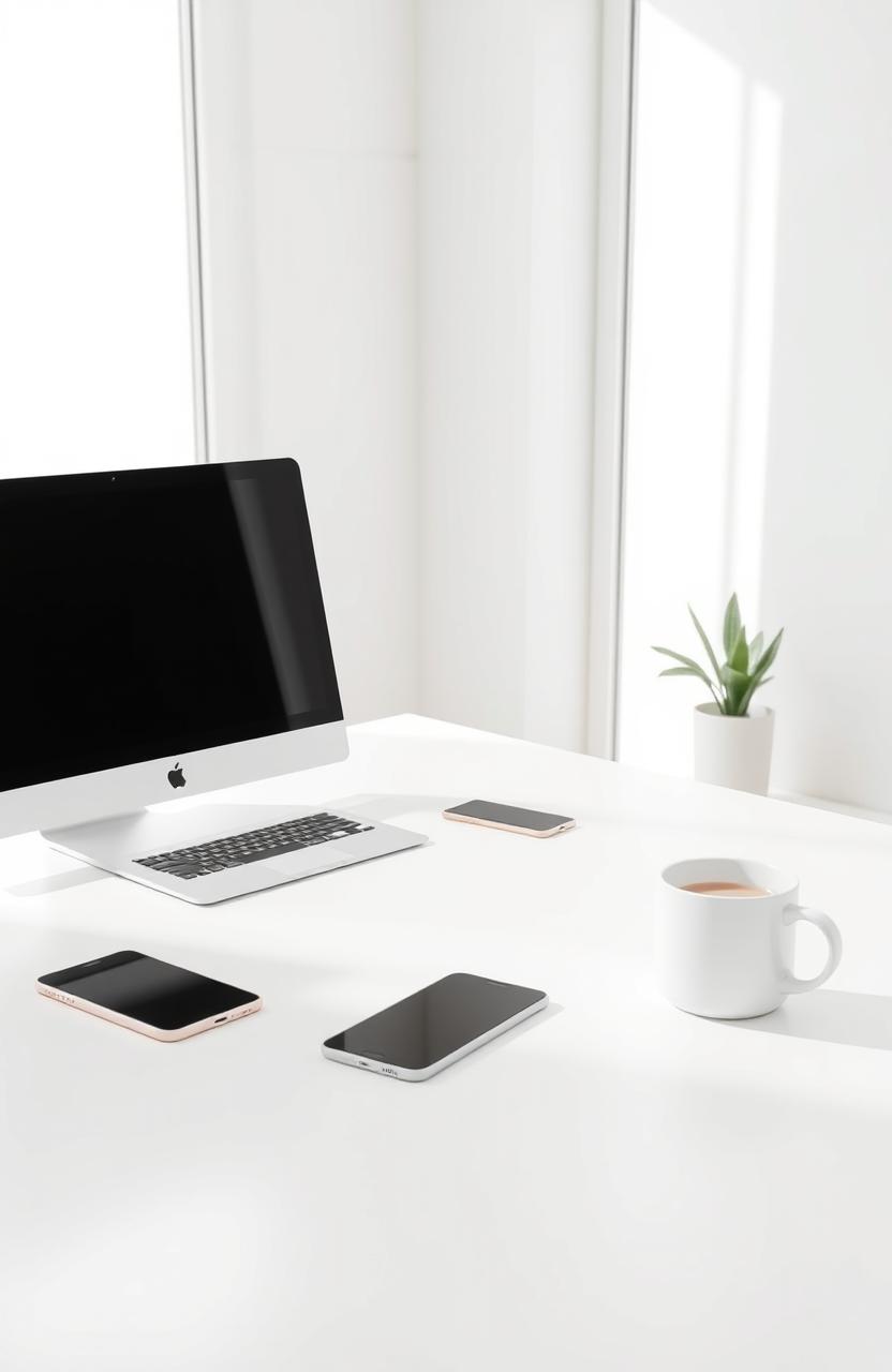 A striking visualization of digital minimalism, featuring a sleek, modern workspace with a clean, uncluttered desk setup