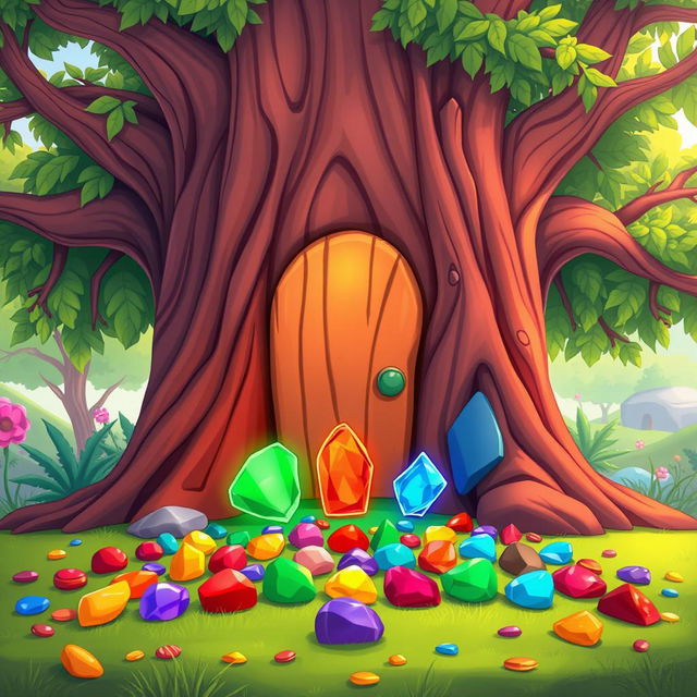 A vibrant cartoon scene in front of a large tree featuring a door in its trunk