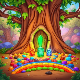 A vibrant cartoon scene in front of a large tree featuring a door in its trunk