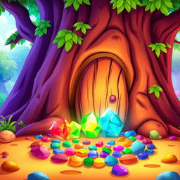 A vibrant cartoon scene in front of a large tree featuring a door in its trunk