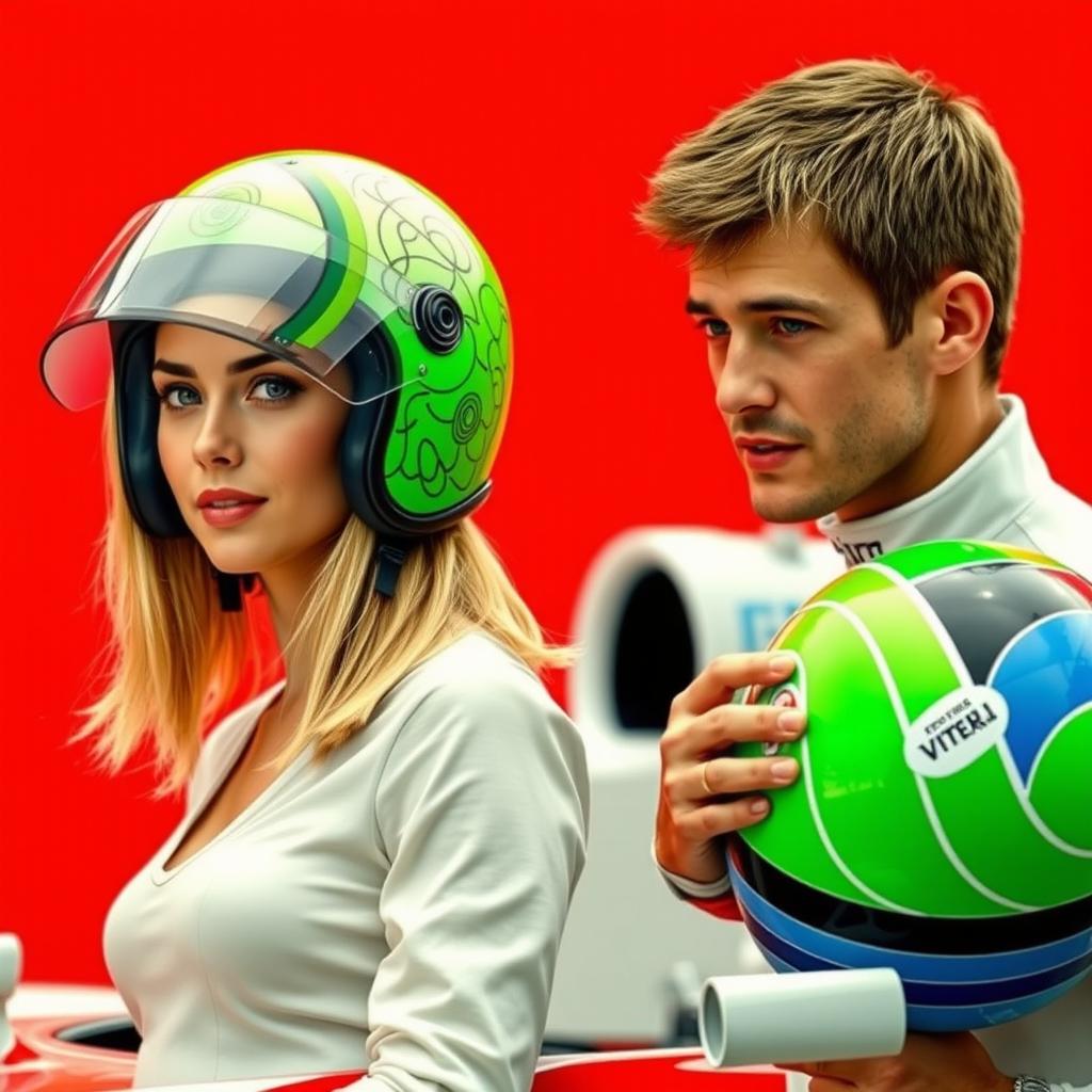 A beautiful blonde woman with shoulder-length hair standing beside a Formula 1 car, wearing a green helmet adorned with abstract patterns