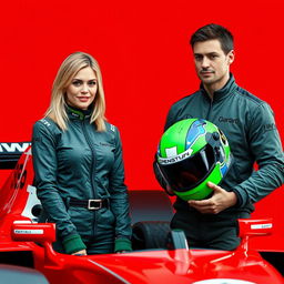 A beautiful blonde woman with shoulder-length hair standing beside a Formula 1 car, wearing a green helmet adorned with abstract patterns