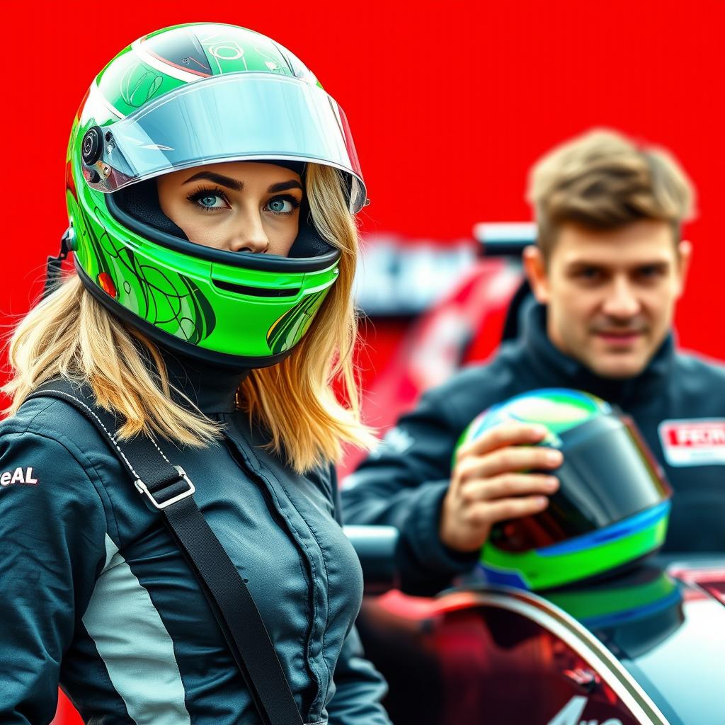 A beautiful blonde woman with shoulder-length hair standing beside a Formula 1 car, wearing a green helmet adorned with abstract patterns