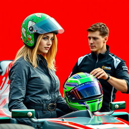 A beautiful blonde woman with shoulder-length hair standing beside a Formula 1 car, wearing a green helmet adorned with abstract patterns