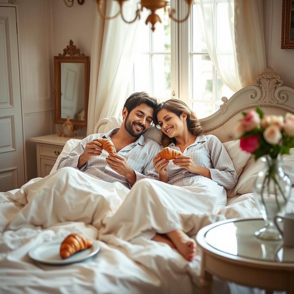 A charming French couple lounging comfortably in a cozy bedroom, enjoying warm croissants