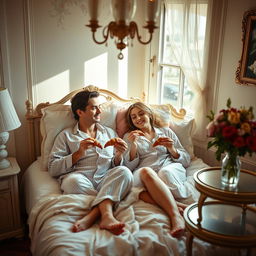 A charming French couple lounging comfortably in a cozy bedroom, enjoying warm croissants