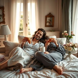 A charming French couple lounging comfortably in a cozy bedroom, enjoying warm croissants