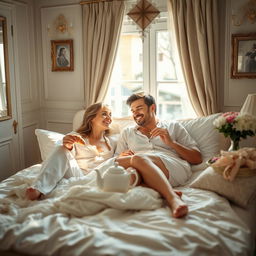 A charming French couple lounging comfortably in a cozy bedroom, enjoying warm croissants