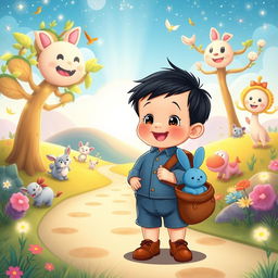 A delightful cartoon scene depicting a 10-month-old baby boy with thick black hair, wearing a short denim jumper and brown shoes, carrying a brown leather bag with a blue rabbit inside