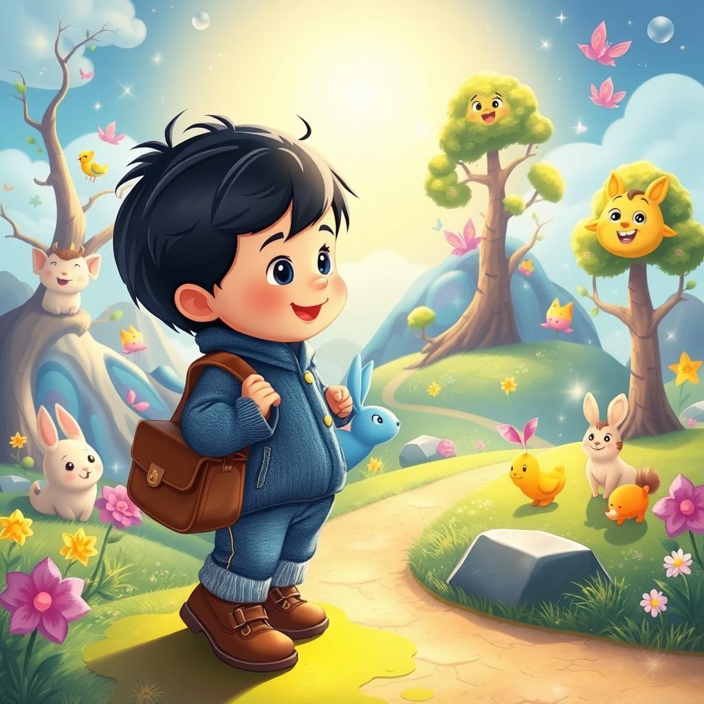 A delightful cartoon scene depicting a 10-month-old baby boy with thick black hair, wearing a short denim jumper and brown shoes, carrying a brown leather bag with a blue rabbit inside