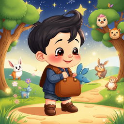 A delightful cartoon scene depicting a 10-month-old baby boy with thick black hair, wearing a short denim jumper and brown shoes, carrying a brown leather bag with a blue rabbit inside