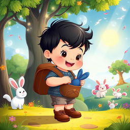 A delightful cartoon scene depicting a 10-month-old baby boy with thick black hair, wearing a short denim jumper and brown shoes, carrying a brown leather bag with a blue rabbit inside