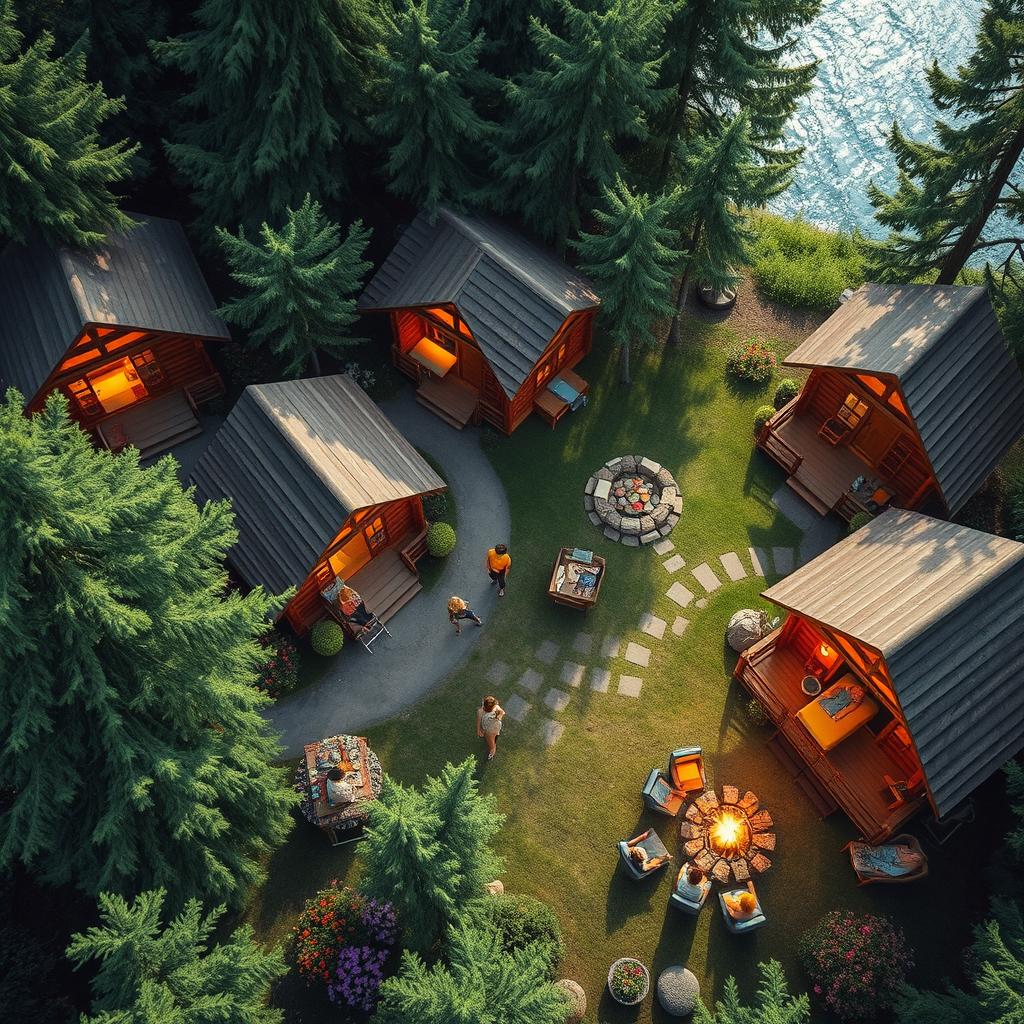 An aerial view looking down at a vibrant summer camp scene, featuring charming log cabins nestled among lush green trees