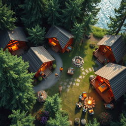 An aerial view looking down at a vibrant summer camp scene, featuring charming log cabins nestled among lush green trees