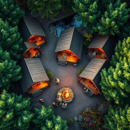 An aerial view looking down at a vibrant summer camp scene, featuring charming log cabins nestled among lush green trees