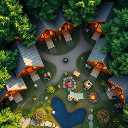 An aerial view looking down at a vibrant summer camp scene, featuring charming log cabins nestled among lush green trees