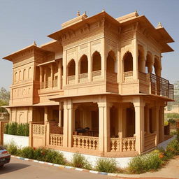 A 20 marla house designed in the traditional Indian style, featuring ornate detailing, verandas, vibrant colors, and intricate woodwork.