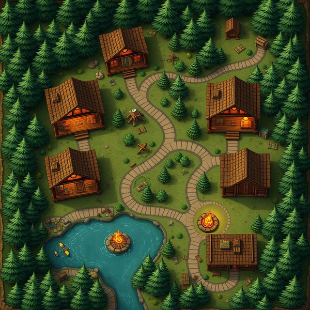 A Dungeons & Dragons style map offering an aerial view of a summer camp, featuring log cabins arranged in a picturesque setting