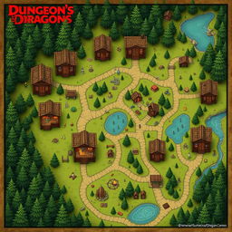 A Dungeons & Dragons style map offering an aerial view of a summer camp, featuring log cabins arranged in a picturesque setting