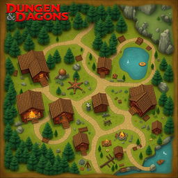 A Dungeons & Dragons style map offering an aerial view of a summer camp, featuring log cabins arranged in a picturesque setting