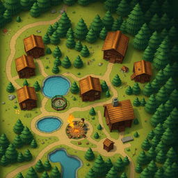 A Dungeons & Dragons style map offering an aerial view of a summer camp, featuring log cabins arranged in a picturesque setting