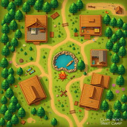 An aerial view looking directly down at a summer camp map, featuring log cabins without roofs, allowing a clear view inside each cabin