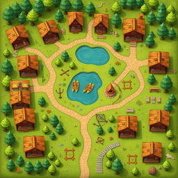 An aerial view looking directly down at a summer camp map, featuring log cabins without roofs, allowing a clear view inside each cabin