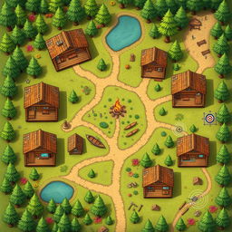 An aerial view looking directly down at a summer camp map, featuring log cabins without roofs, allowing a clear view inside each cabin